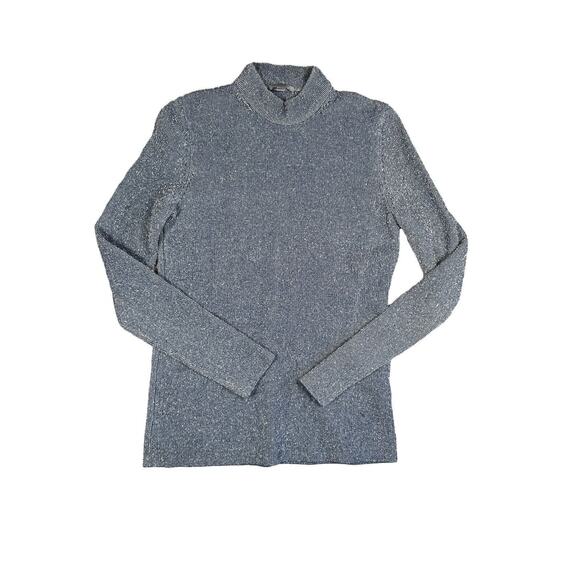 COS Womens XS Blue Metallic Long Sleeve Mock Neck Sweater Fitted Thick